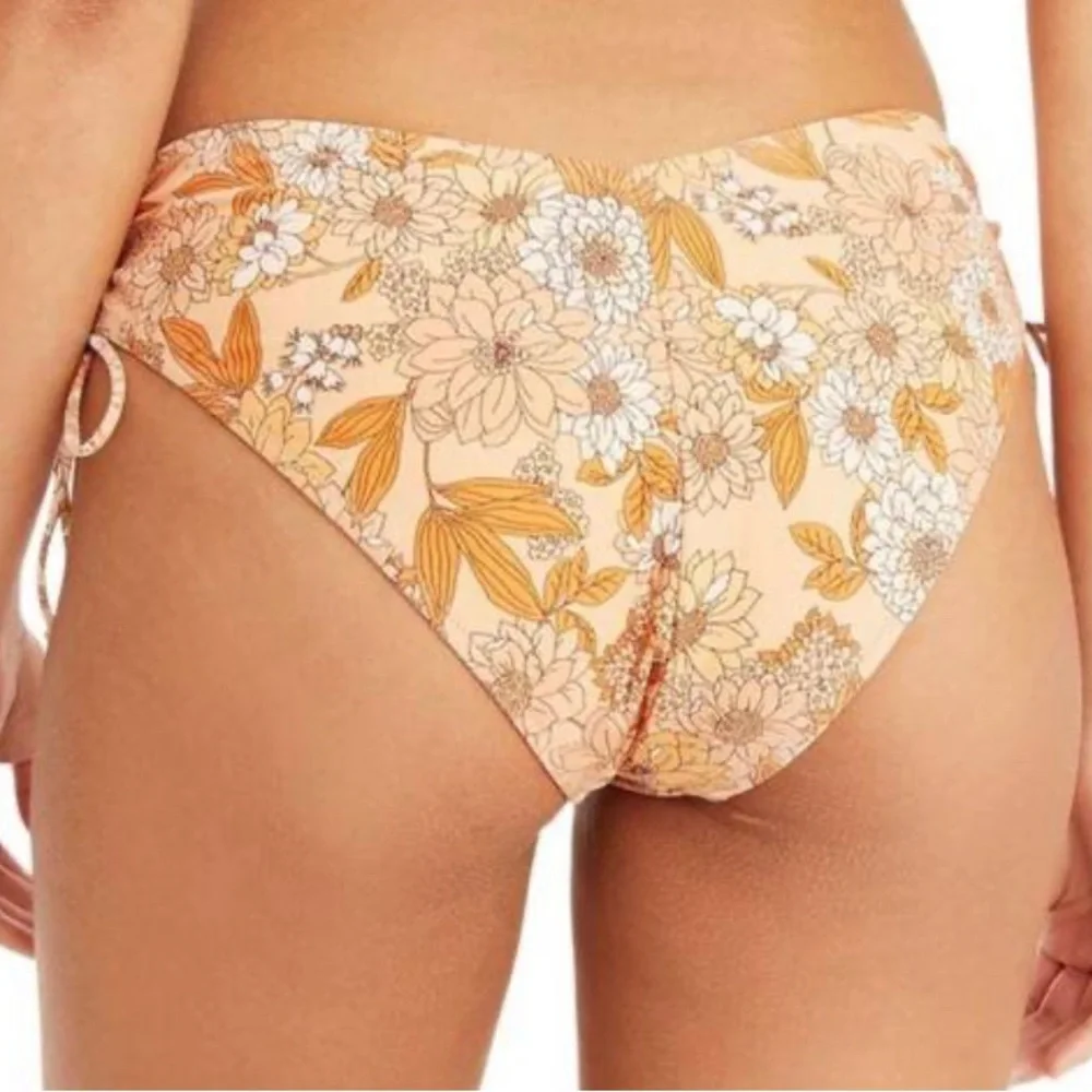 J Crew Orange Floral Side Tie Ruching Hipster Bikini Bottoms Size S NWT
